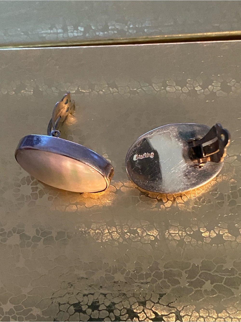 Vintage Mother of Pearl & Sterling Silver Oval Clip-On Earrings, Y2K - Picture 5 of 6